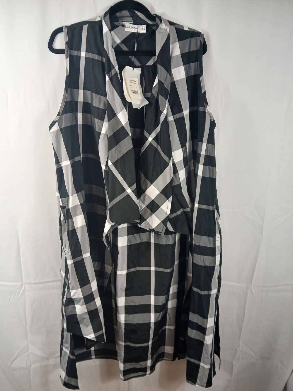Luukaa Women's Plaid Long Vest Duster Jacket Black White Sleeveless Size 10 NWT